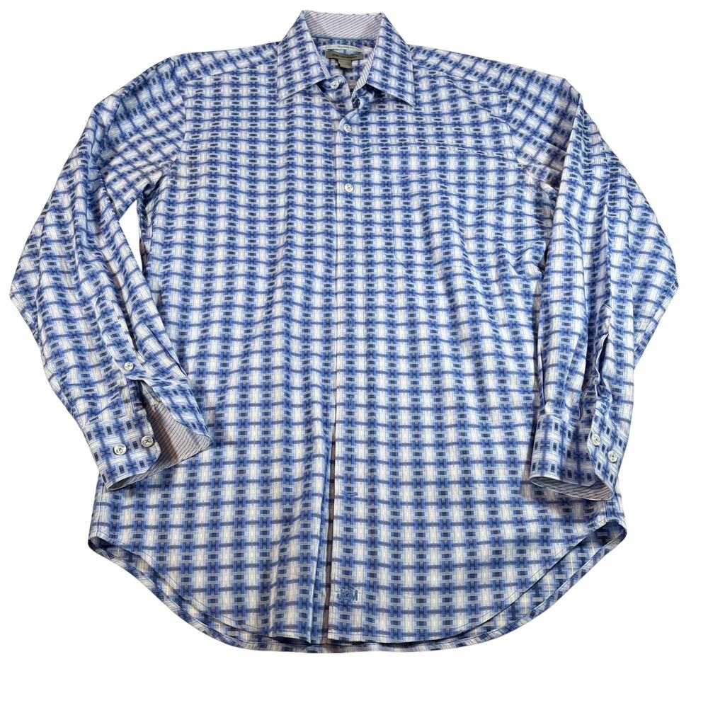 Johnston & Murphy Mens tailored fit blue geometric dress shirt.  Size M.